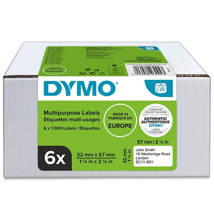 Dymo Label Multi 32 x 57 mm remov blanco mm, 6 x 1000 unidades.