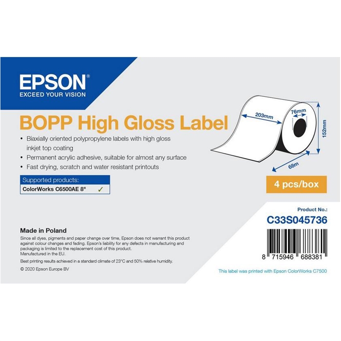 Epson BOPP High Gloss Labe, Rollo troquelado, 203mm x 68m