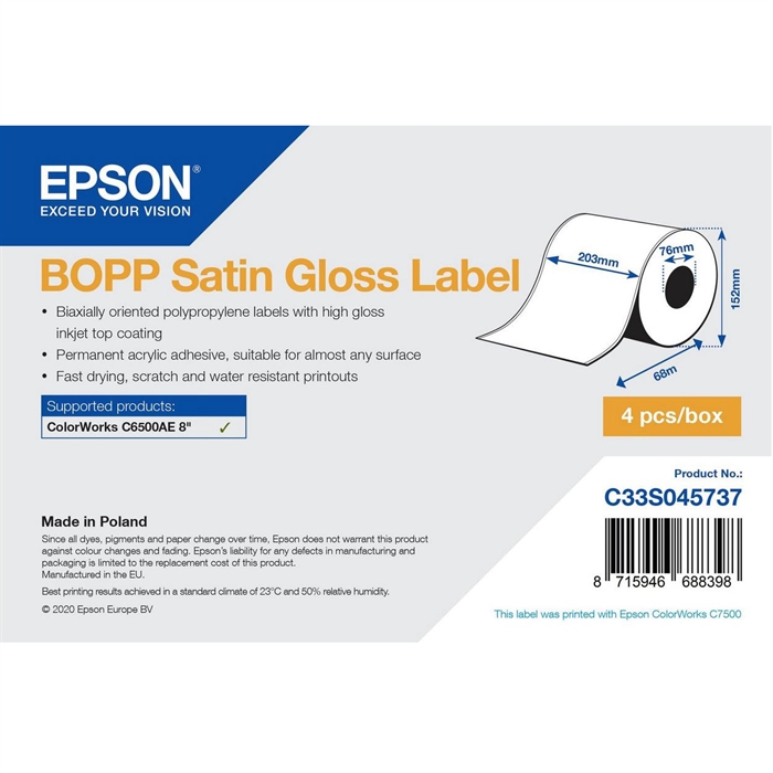 Epson etiqueta satinada de polipropileno biorientado (BOPP) - Rollo continuo: 203mm x 68m