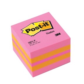 Notas Post-it de 3M 51 x 51 mm, mini bloque de cubo color rosa.