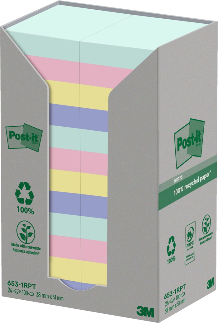 3M Post-it Recycled colores surtidos 38 x 51 mm, 100 hojas - pack de 24