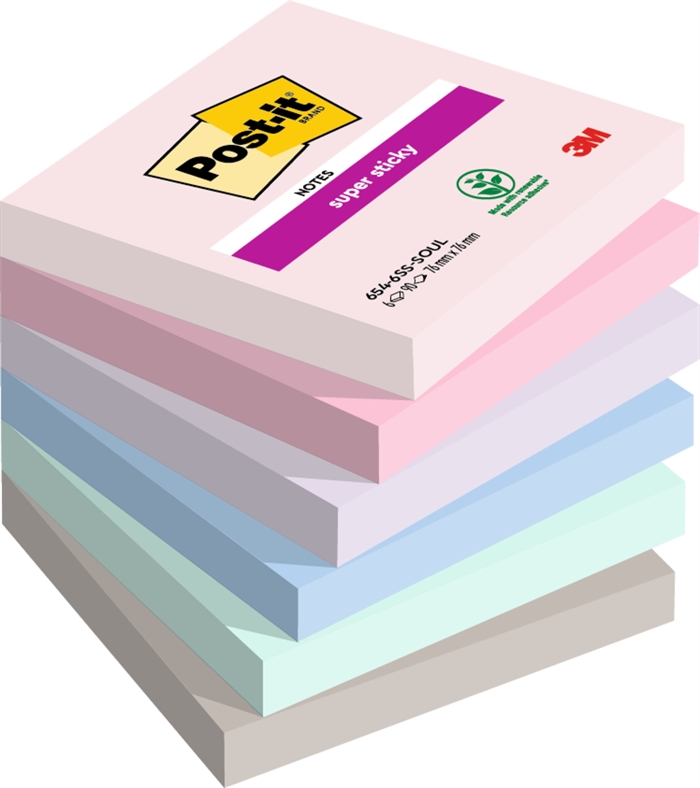 3M Notas adhesivas Post-it super pegajosas Soulful 76 x 76 mm, - 90 hojas - paquete de 6