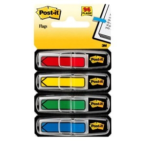 3M Post-it Indexfaner 11,9 x 43,1 mm, "pil" ass. farver - 4 pack3M Post-it Indexfaner 11,9 x 43,1 mm, en surtido de colores "punta de flecha" - 4 paquete