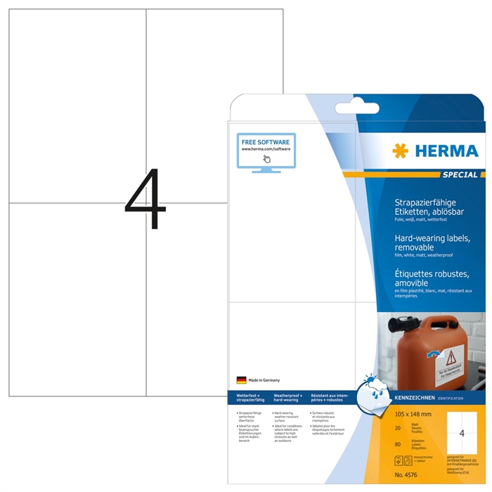 HERMA etiqueta removible resistente al agua 105 x 148 mm, 80 unidades.
