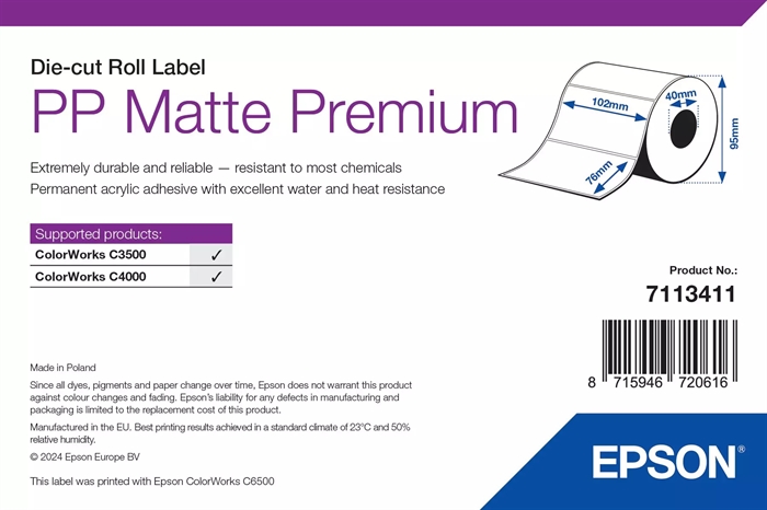 Etiquetas Epson PP Matte Label Premium, Troqueladas, 102 x 76mm ( 365 Etiquetas )