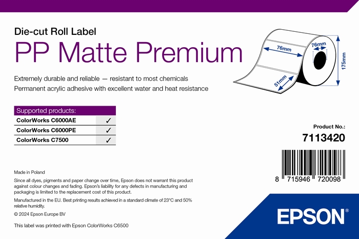 Epson PP Matte Label Premium, Rollo troquelado, 76mm x 51mm, 2310 Etiquetas