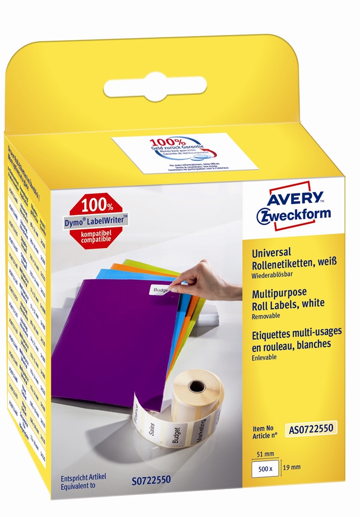 Etiqueta despegable Avery en rollo de 19 x 51 mm, 500 unidades.