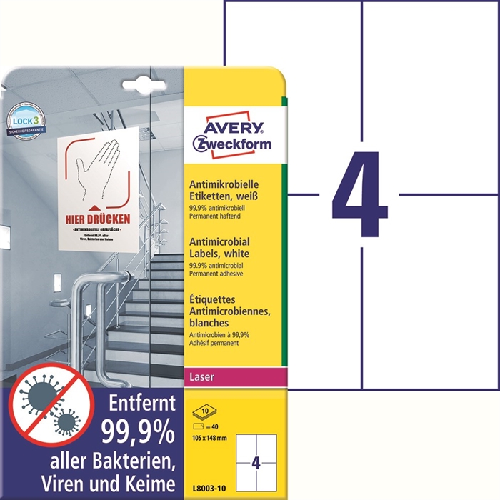 Avery etiquetas antimicrobianas 105 x 148 mm blancas, 40 unidades.