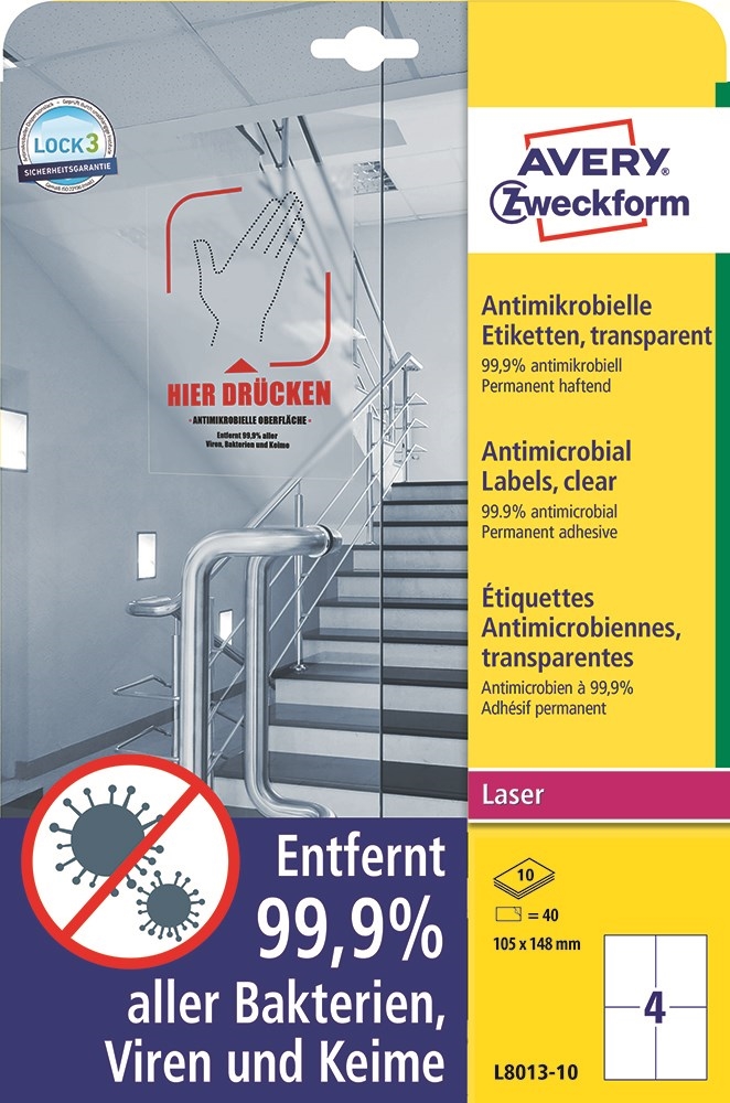 Avery Etiquetas antimicrobianas 105 x 148 mm transparente, 40 unidades.