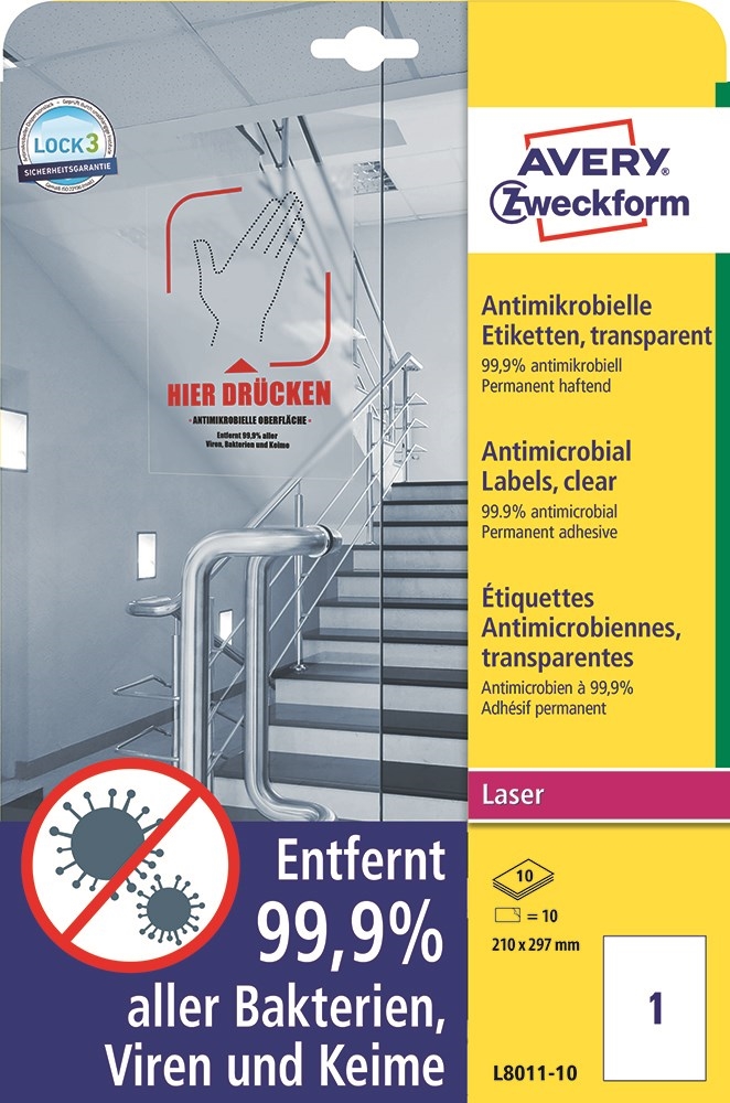 Etiquetas Avery antimicrobianas 210 x 297 mm transparentes, 10 unidades.