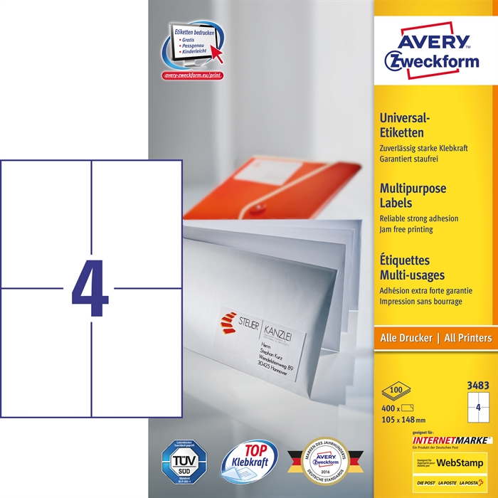 Avery ILC etiqueta universal 105 x 148 mm, 400 unidades.