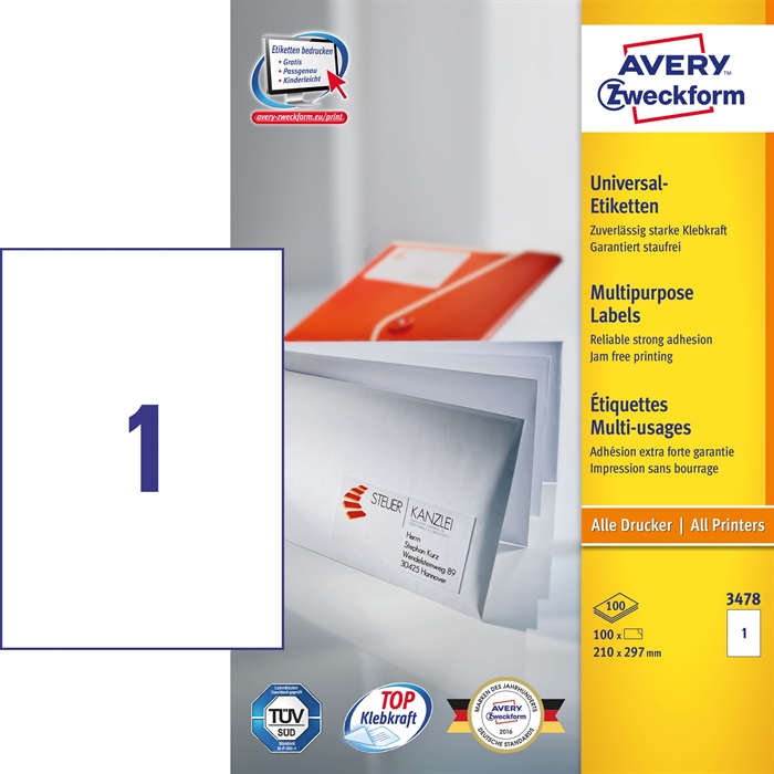 Avery ILC etiqueta universal 210 x 297 mm, 100 unidades.