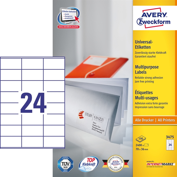 Avery ILC etiqueta universal 70 x 36 mm, 2400 unidades.