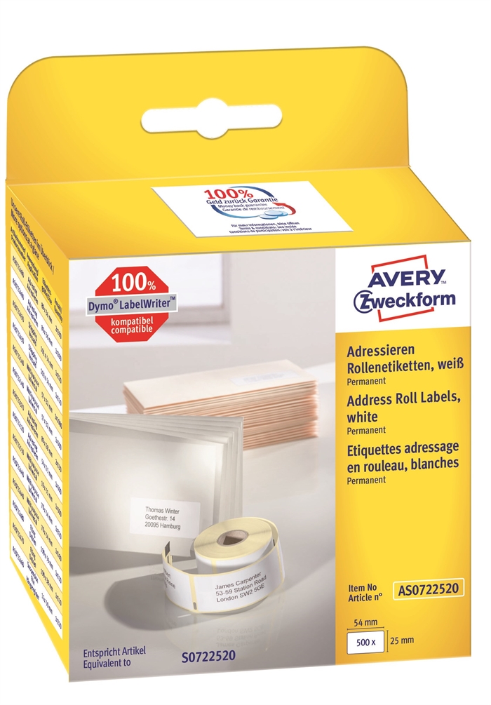 Etiqueta de dirección Avery en rollo de 54 x 25 mm, 500 unidades.