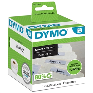 Dymo Etiqueta para carpetas colgantes 12 x 50 mm, color blanco permanente, 220 unidades.