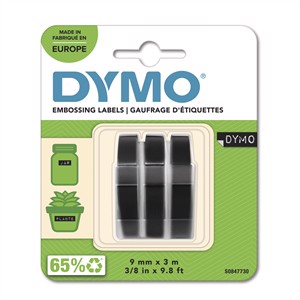 Tape Embosser 9mm x 3m negro, paquete de 3.