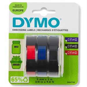 Tape Embosser 9mm x 3m (rojo/azul/negro), paquete de 3