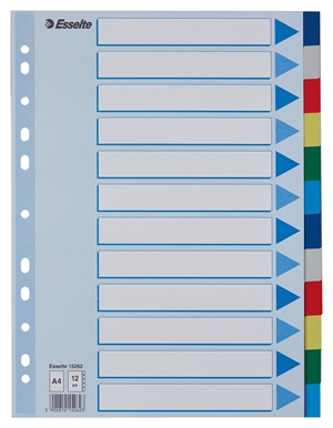 Esselte Faneblade PP A4 12-delt: pestañas de polipropileno tamaño A4 divididas en 12 partes de diferentes colores.