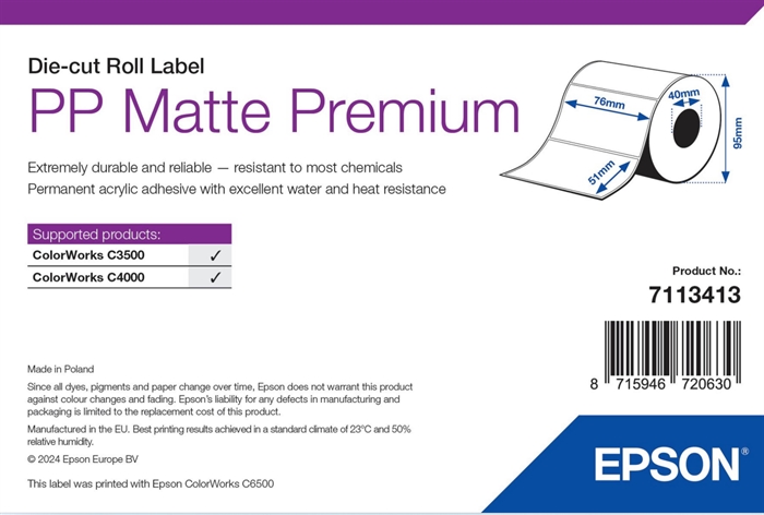 Epson PP Etiqueta Premium Mate, Etiquetas troqueladas, 76 x 51mm ( 535 Etiquetas )