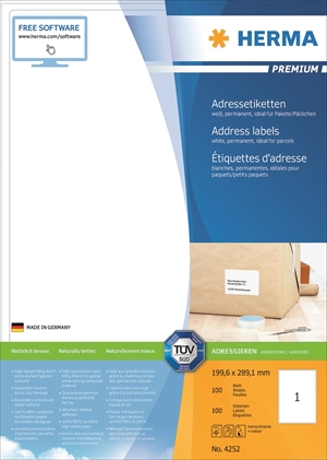 HERMA etiqueta Premium A4 100 199,6 x 289,1 mm, 100 unidades.