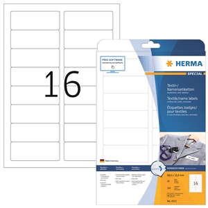HERMA etiquetas de nombres/tela desmontables 88,9 x 33,8 mm, blancas, pack de 320 unidades.