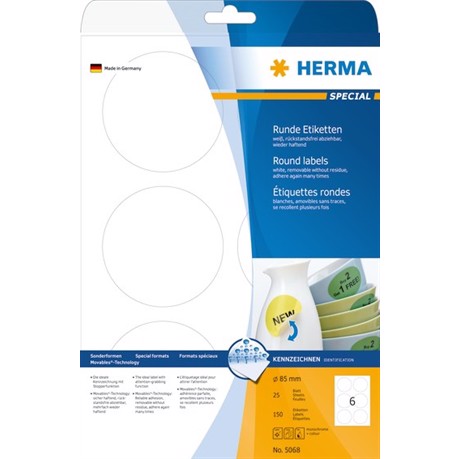 HERMA etiqueta removible de Ø85 mm, 150 unidades.