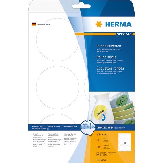 HERMA etiqueta removible de Ø85 mm, 150 unidades.