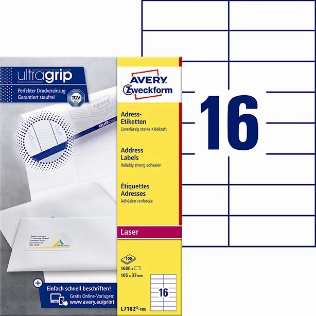 Avery L7182-100 Address Labels 105 x 37 mm UG mm, 1600 unidades.