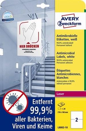 Etiquetas Avery antimicrobianas de 210 x 148 mm, blancas, pack de 20 unidades.